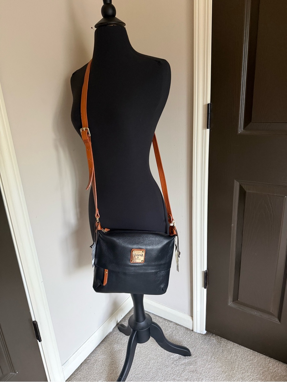 Valentina Black Leather Messenger with Brown Strap